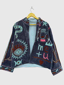 Veste en velours brodée à la main, manches longues, col châle, grande taille, pour l'automne, longueur normale, manches chauve-souris, doublure en coton - Product Image 2
