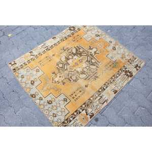 3.2x3.8 ft Rug, Vintage Turkish Rug, <b>Yellow</b> <b>Wool</b> Rug - Product Image 3