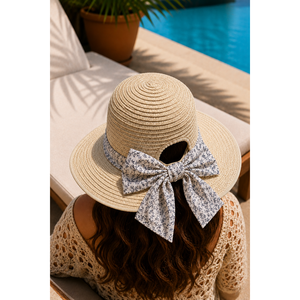 Sombrero de Paja Ajustable Beige con Lazo, Estilo Floppy, de Paja Natural - Product Image 1