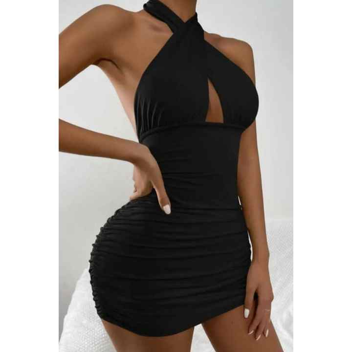 Velours Violet Private Area Open Black Cross-Tie Low-cut Mini Dress