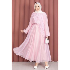 Ensemble 2 pièces en mousseline de soie avec jupe asymétrique à volants et haut sans col 100% lin pour le printemps/été Disponible en rose - Product Image 3