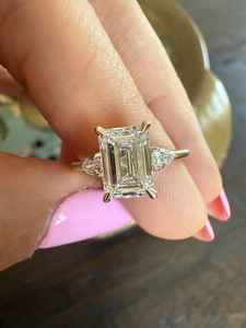 Lab Grown Diamond 14K Solid White Gold Emerald cut Three stone ring with pear diamonds 2.30 carats Diamonds - Product Image 2