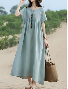 Vestido Largo Holgado <span class=keywords><strong>de</strong></span> Manga Corta para Mujer, Estilo Playero, Vestido Informal con Pliegues en la Cintura, Vestido para Chica para <span class=keywords><strong>Vacaciones</strong></span> - Product Image 2