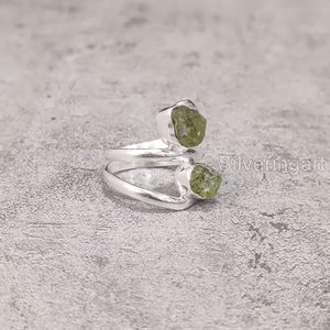 Bague pour femme en argent sterling 925, pierre précieuse péridot naturelle, pierre de naissance d'août, double pierre, bijoux faits à la main pour Noël - Product Image 2