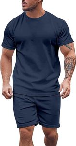 Logo personnalisé ensemble pour hommes 100% coton t-shirt à manches courtes et shorts ensemble de mode pour hommes d'été uni en coton respirant - Product Image 3