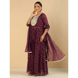 Conjunto de Chiffon para Mujer, Primavera/Verano, Estampado Floral, Top Peplum y Sharara con Dupatta, Elegante y Transpirable - Product Image 3