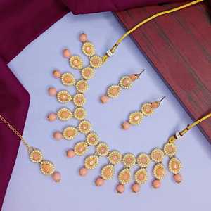 Indian Crystal Kundan Choker Wedding Necklace Set Faux Pearl <b>Drop</b> Dangle <b>Earrings</b> Maagtikka Head Chain Jewellery For Women - Product Image 1