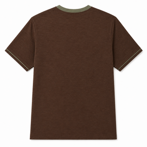 Camiseta de Algodón Color Chocolate Personalizada con Cuello y Ribete de Manga en Contraste Color Oliva, Manga Corta, Ropa Casual para Hombre - Product Image 2
