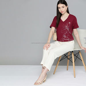 Nardon Apparel High Quality Casual Style Straight Shoulder Women's T-<b>shirts</b> Long Crewneck Button 100% Cotton Anti-Shrink - Product Image 3