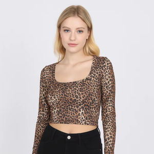 T-shirt Crop Top Slim Fit pour Femmes, Style Hip Hop, Été, Sexy, Col Rond, Imprimé Léopard, Polyester Respirant, Impression par Transfert Thermique, Streetwear - Product Image 5