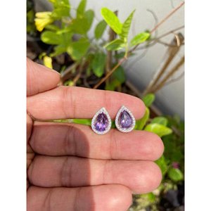 925 Sterling Silver Pear Shaped <b>Amethyst</b> <b>Stud</b> <b>Earrings</b> Water Drop Bezel Setting for Gift - Product Image 2