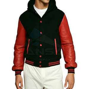 Custom <b>Men</b> Varsity Letterman Jacket with <b>Real</b> Leather Sleeves Wool Body Ribbed Comfortable <b>Black</b> Red Hoodie - Product Image 2