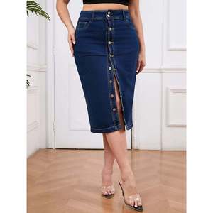 Jupe en jean taille haute grande taille, boutonnée, imprimé vintage, avec franges, style Y2K, décontractée, sexy, coupe crayon, hiver automne - Product Image 1