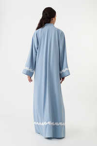 Robe Abaya de Dubaï personnalisable en satin de soie bleu clair de luxe, à manches longues, infroissable, faite à la main, vente en gros, traditionnelle musulmane haut de gamme - Product Image 4