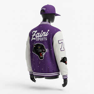 Veste universitaire en laine de haute qualité avec manches en cuir PU Logo de broderie en chenille personnalisé Veste universitaire de couleur violette pour hommes - Product Image 5