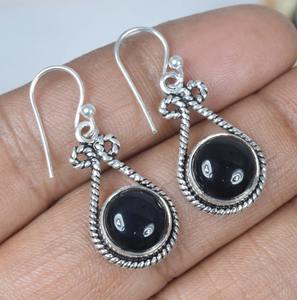 925 boucles d'oreilles en argent sterling massif Onyx noir pierre précieuse Offre Spéciale boucles d'oreilles pendantes faites à la main argent en gros 925 timbre bijoux - Product Image 2