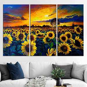 Impression sur toile de paysage au coucher du soleil : décor mural contemporain champ de tournesols, lot de 3 toiles - Product Image 1
