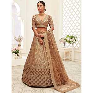 Magnifique Lehenga Choli en soie slub brodée marron pour demoiselles d'honneur ou mariages - Product Image 4