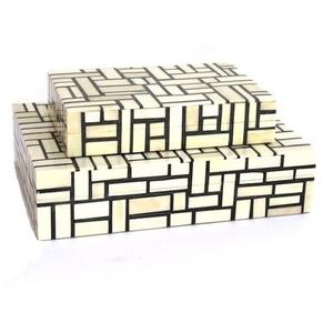 Prix usine travail en os de haute qualité Beige et noir motif géométrique boîte à bijoux travail d'incrustation d'os finition polie - Product Image 1