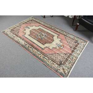 Classic Beige <b>Pink</b> Wool <b>Rug</b> 4.1 X 6.8 ft Handmade Turkish Patchwork Design for Living Room or <b>Bedroom</b> for Teens - Product Image 4