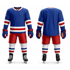 ชุดฮอกกี้น้ำแข็งแบบกำหนดเอง สีน้ำเงินกรมท่า แดง แถบสามเส้น เสื้อทีมกีฬา ผู้ผลิต OEM - Product Image 3