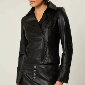 Elegant Perfecto Jacket In Genuine Leather For Women Color Black 7 C Jacket With Front And Sleeve Pocket Front Zipper