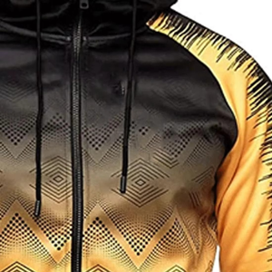 Conjunto de chándal negro y amarillo degradado para hombre, chaqueta con capucha con estampado geométrico y pantalones para correr, ropa deportiva personalizada de dos piezas OEM a granel - Product Image 5