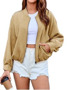 Womens Cropped Faux Suede Bomber Jackets Trendy Casual Zip Up Collarless Coats Oversized Spring Outerwear - Product Image 3