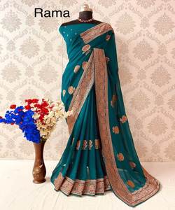 Nuestros saris son adecuados para varias ocasiones, incluyendo fiestas y bodas, sari azul para un aura tranquila y silenciosa. - Product Image 1