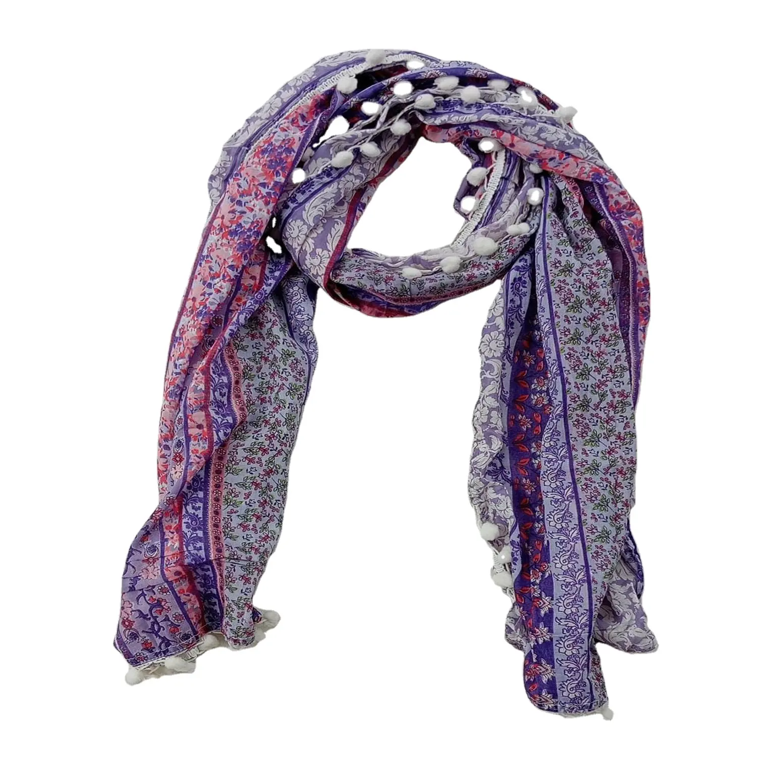 Pashmina design sciarpe in cotone modale 100% stampate in digitale sciarpe da donna di design con trama estremamente morbida con disegni di pompon sciarpa