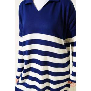 Tunique Col Chemise Maille Rayée Bleu Marine - Product Image 4