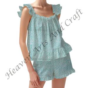 Conjunto de pijama corto de mano de algodón con estampado Floral para mujer, Conjunto de pijama ajustado con tiras y volantes, mangas - Product Image 1