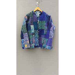 Veste matelassée patchwork à col mandarin, manches longues, boutonnée, en coton, pour femme, automne, motif bleu-vert, longueur standard - Product Image 1