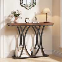 Table console rustique avec structure en métal courbé, table d'entrée industrielle en bois avec étagère inférieure