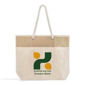 Personalized <b>Large</b> Fancy <b>Canvas</b> Rope Tote <b>Bag</b> Customized Jute/Cotton Tote <b>Bags</b> Geometric Pattern Medium Size for Foods-RJ260 - Product Image 1