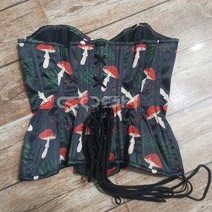 Corset vintage rouge imprimé champignons en satin, haute compression, avec baleines en acier, sculptant le corps, fabricant de corsets - Product Image 4