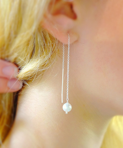 Boucles d'oreilles en argent sterling 925 faites à la main avec enfileur de perles délicat avec longue chaîne plaquée or bijoux de mode pour femmes - Product Image 2