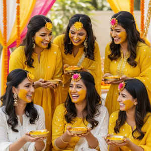 Rose en satin jaune/rose avec Maang Tikka floral en Gota, Bijoux Haldi Mehndi, Cadeau de mariée et de demoiselle d'honneur, Faveur de Pithi, Cadeau de Mayun - Product Image 1