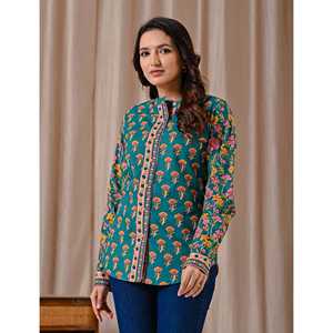 Blusa de Algodón Popelín con Estampado Floral Verde Oscuro y Cuello con Volantes Vintage, Talla Única y Opciones XL para Mujer - Product Image 4