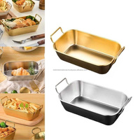 Vente en gros 18/8 304 Assiette carrée à collation dorée coréenne en acier inoxydable Panier à frites Assiette à dessert avec plateau à double poignée