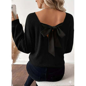 Blusa Corsé de Manga Larga con Cuello en V y Detalle de Lazo en la Espalda para Mujer, 30306 - Negro - Product Image 1