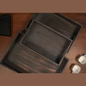 Bandeja decorativa Floral tallada intrincada de madera negra Bandeja de servicio rústica con asas Bandeja de madera rectangular para decoración del hogar - Product Image 3