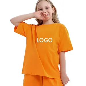 Embroidery Women Kids 100% Cotton Blank T Shirts Oversize Tshirts Print Orange Plain Solid for Teen Girls Short Sleeve Casual