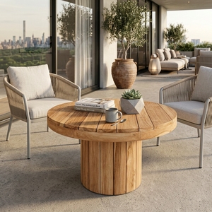 Natural Teak Wood <b>Round</b> Outdoor Garden Dining <b>Table</b> Fluted Pedestal Base Wooden <b>Patio</b> <b>Table</b> Setup Decor Pure Art Design - Product Image 4