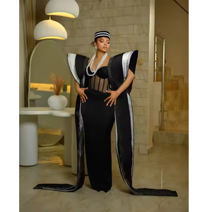 Robe enveloppante pour femme, style royal africain traditionnel, luxueuse, en coton, soie et polyester, coupe ajustée, broderie complexe - Product Image 2