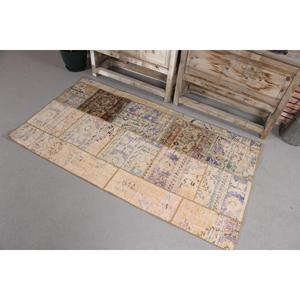 Turkish Vintage Rug, Accent 3x5.4 ft (90x165 cm) Rug, <b>Brown</b> Check <b>Wool</b> Rug - Product Image 1