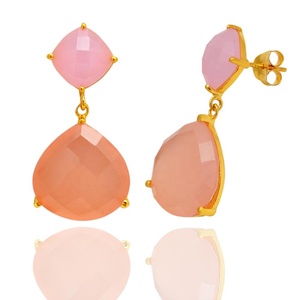 Style à la mode solide 925 en argent Sterling plaqué or fait à la main pêche naturelle et calcédoine rose pierres précieuses goutte balancent femmes boucle d'oreille - Product Image 2