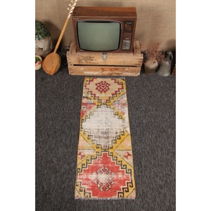 Vintage Rug, 1.9x5.1 ft Small Turkish Rug, Herki <b>Yellow</b> Red Geometric Rug - Product Image 1