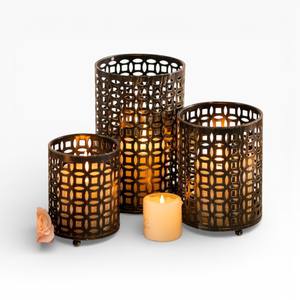 Antique <b>Bronze</b> Metal Votives <b>Candle</b> <b>Holders</b> With Geometric Cutwork Pattern For Elegant Ambient Home Decor - Product Image 1