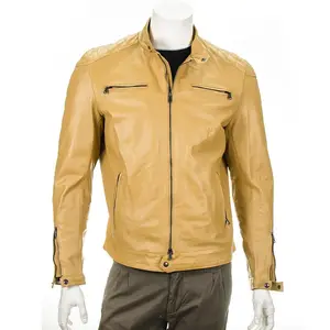 Men custom branded sheepskin vintage biker styles tan color genuine leather jacket from Pakistan